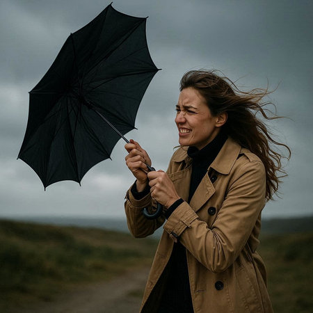 Young woman in raincoat and raincoat holding umbrella on countryside road
