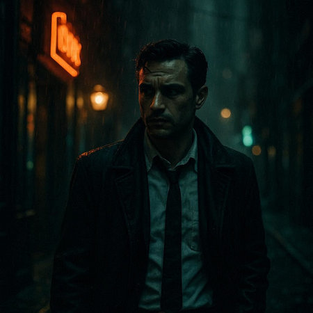 Portrait of a handsome man in a raincoat at night.