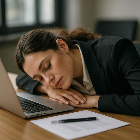 tired businesswoman sleeping at workplace with laptop and documents at office