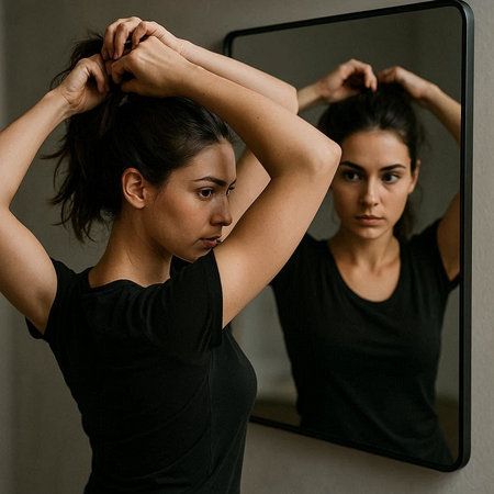 Woman looking at her reflection in the mirror, she is wearing a black dress