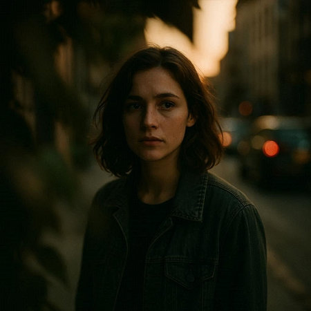 Portrait of a young woman in a dark jacket on the street