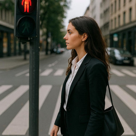 beautiful young brunette business woman crossing the street in the city