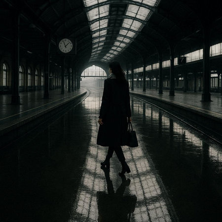 Silhouette of a woman walking in the corridor of a railway station