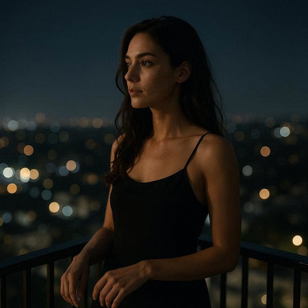 Portrait of a beautiful brunette woman in a black dress on the balcony overlooking the night city