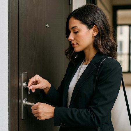 Young businesswoman opening the door of her office with a keyhole