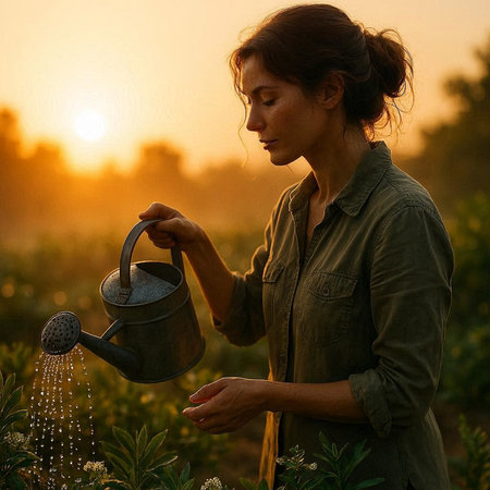 Young woman watering plants in the garden at sunset. Gardening concept.