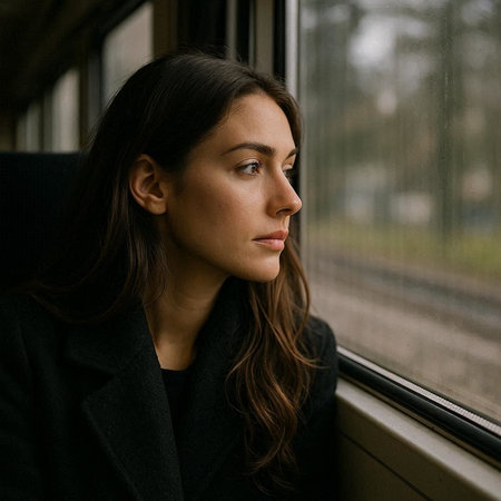 beautiful girl in a black coat looks out of the train window