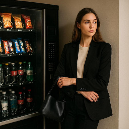 Beautiful young woman in a black suit standing near the vending machine