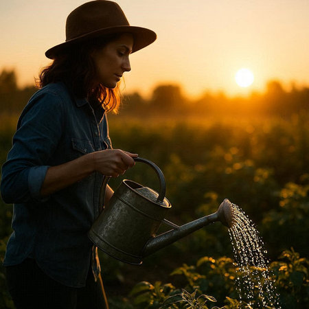 Farmer woman watering a tomato plant in the field at sunset.