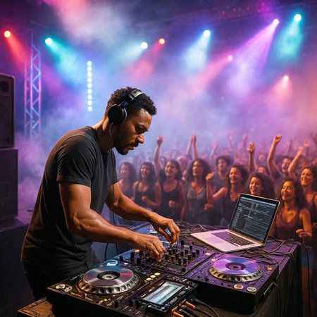 DJ playing music on a mixer in front of a crowd of people