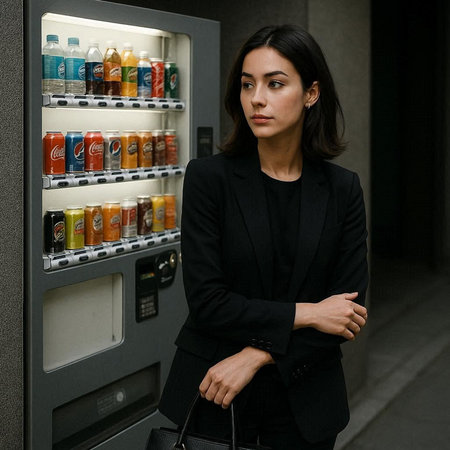 Attractive young woman in black suit standing near vending machine with drinks.