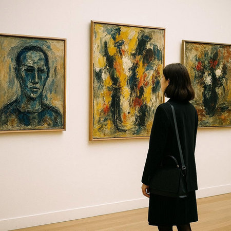 Woman looking at paintings in art gallery, back view. Art concept
