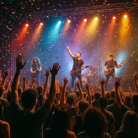 Band performing live on stage at a music festival. Concert concept.