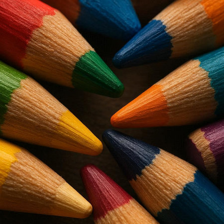 Colorful pencils in a row on a dark background. Close up.