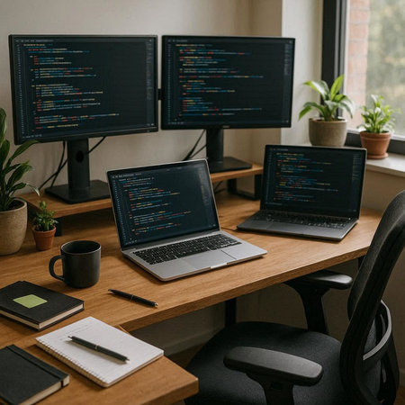 workplace with computer and notepad on table in modern home office