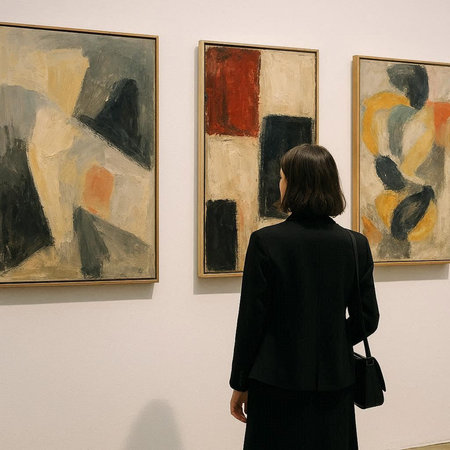 Woman looking at paintings in art gallery. Back view of woman looking at paintings.
