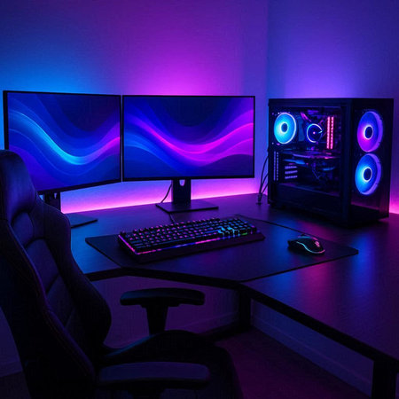 Computer room with blue and purple neon light. 3D rendering.