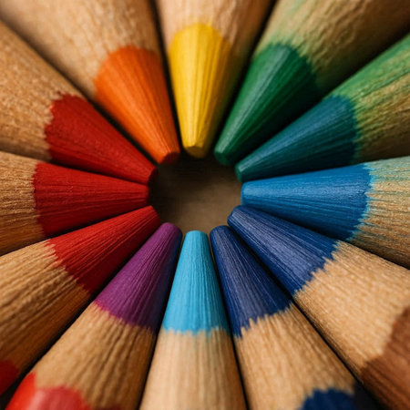 Colored pencils arranged in a circle. Shallow depth of field