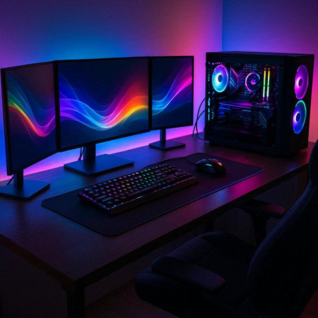 computer with colorful lighting in the dark room. 3d rendering.