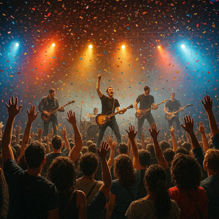Crowd of people with hands raised in the air on a concert