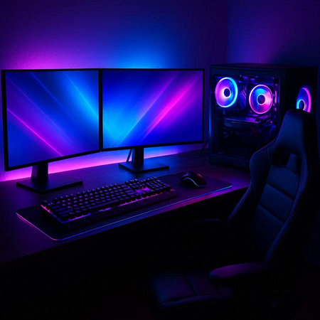 Computer with blue and purple lights in the room. 3D rendering