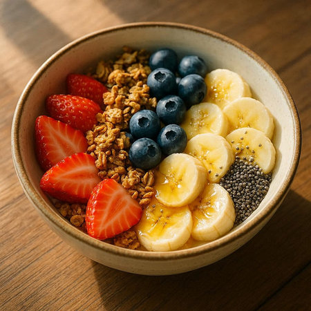 Healthy breakfast bowl with granola, banana, blueberries and strawberries