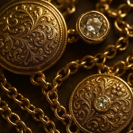 Vintage gold jewelry on a dark background. Close-up.