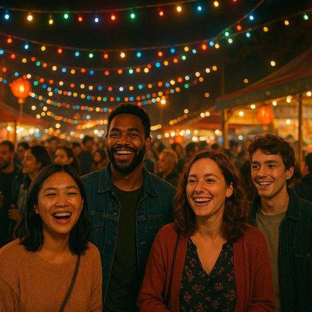 Group of friends having fun at a street food festival. Smiling and having fun