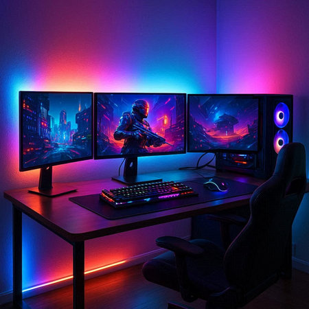 Computer room with RGB lighting, 3d rendering. Computer room with gaming equipment.