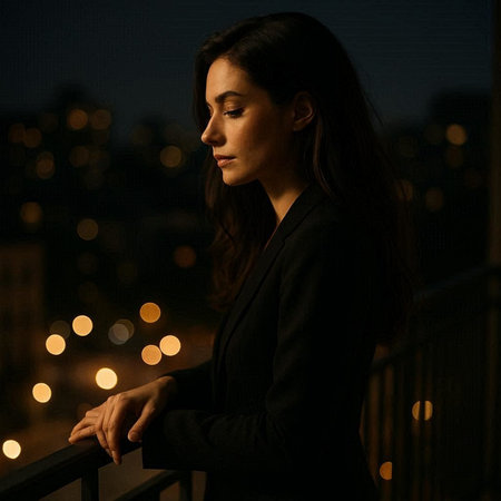 Portrait of a beautiful young brunette woman in a black suit on the background of the night city