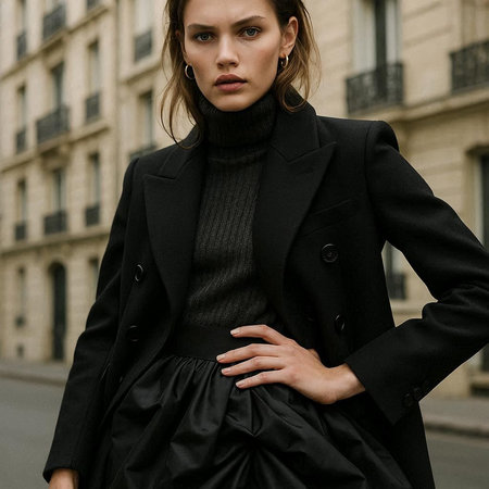 Fashionable woman in black coat and black turtleneck posing on street.