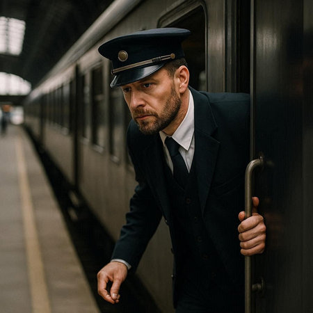 Portrait of a man in a suit and a cap on the train station