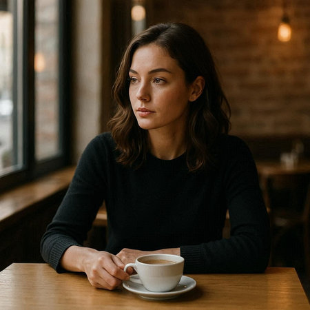 Portrait of a beautiful young woman sitting in a cafe and drinking coffee