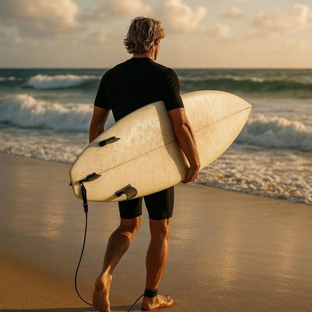 Rear view of a surfer with his surfboard on the beach