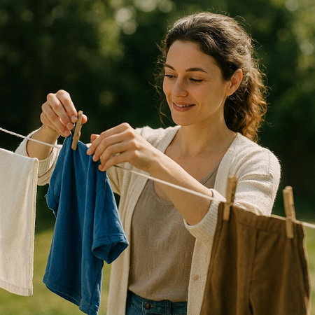 Young woman hanging clothes on a clothesline in the garden. Close-up.