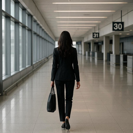 Back view of a young businesswoman with a briefcase walking in the airport
