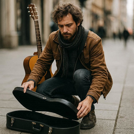 Portrait of a young man sitting with guitar on the street.