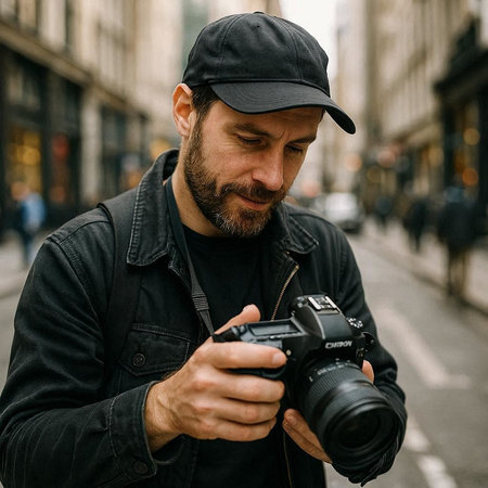 Handsome bearded man taking photos with a camera in the city