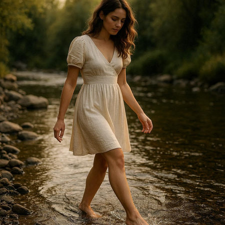Beautiful young woman in white dress walking on the bank of a mountain river