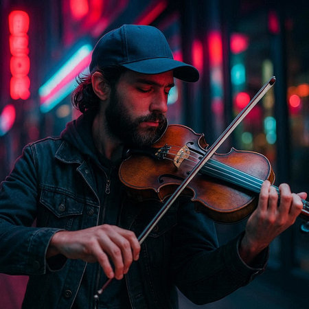 Musician playing the violin on the street in the city at night
