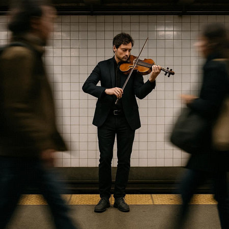 Musician playing the violin in a subway station in motion blur.