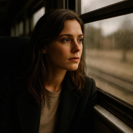 Portrait of a beautiful young woman sitting in a train and looking away
