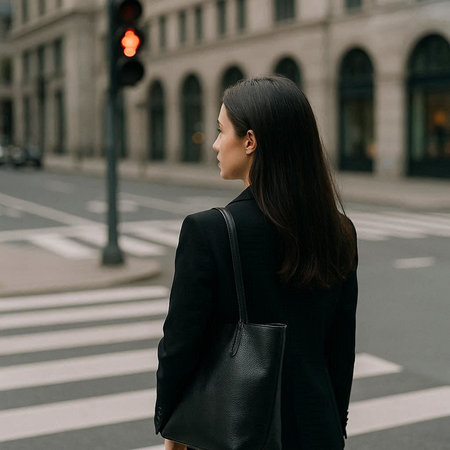 Beautiful young woman in a black leather jacket and a black handbag is walking along the street.