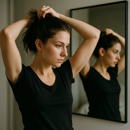Beautiful young woman in a black T-shirt looking at herself in the mirror