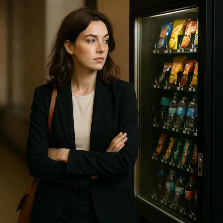 Portrait of a young woman in a business suit near a vending machine