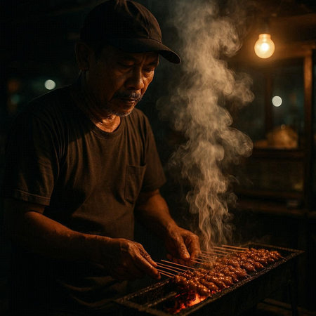 Asian man cooking kebab on the grill in the night.