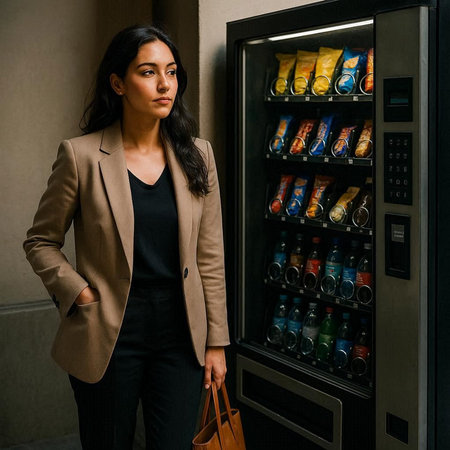 Portrait of young businesswoman standing near vending machine with cans of beverage