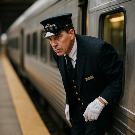 A man in a suit on the platform of a train station.