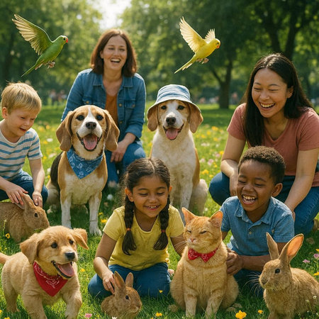 Family Friendship Togetherness Pet Animal Pet Care Concept. Portrait of happy family playing...
