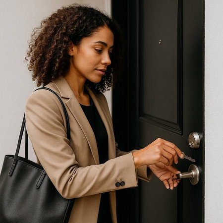 african american businesswoman opening door and holding key in hand